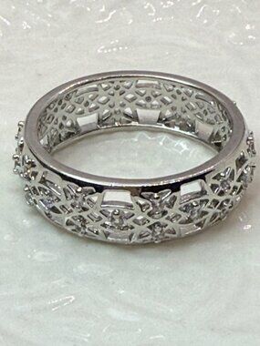 White Gold-Tone Openwork Princess Cut Zirconia Ring Size 10